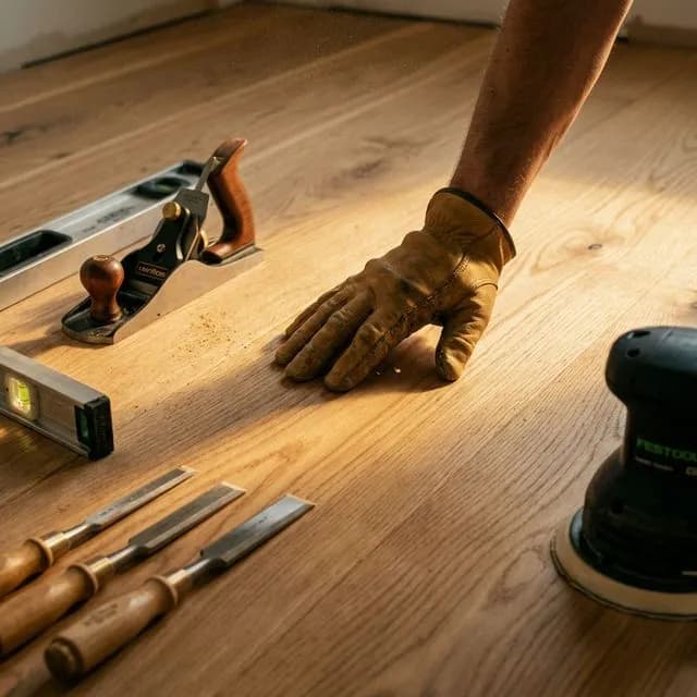 Professional flooring craftsman sanding a hardwood floor with dustless equipment