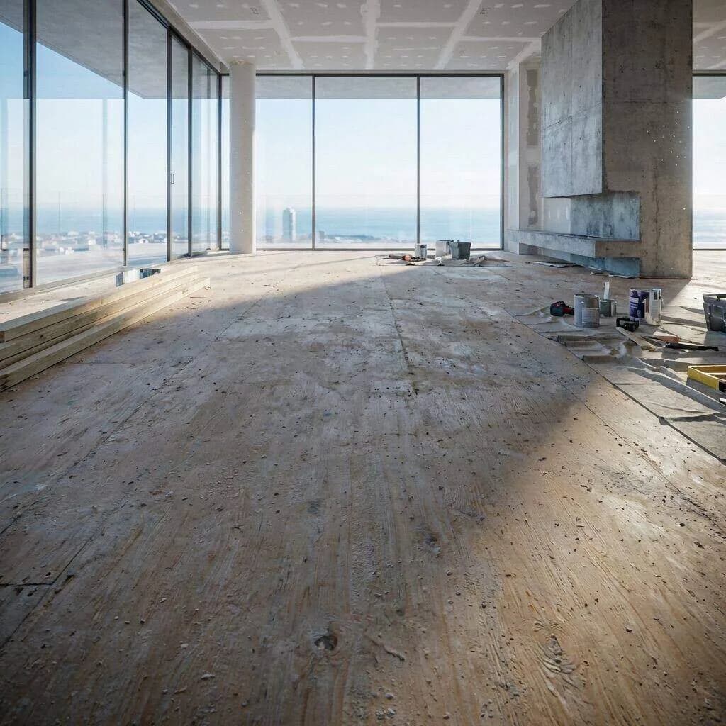 Before: Open-concept living room with floor-to-ceiling windows in Jersey City, NJ — Hardwood — Wide Plank, Ocean-View Residence