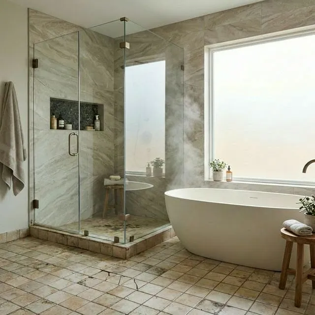 Before: Master bathroom — 1920s Tudor renovation in Montclair, NJ — Tile — Marble Mosaic & Heated Porcelain